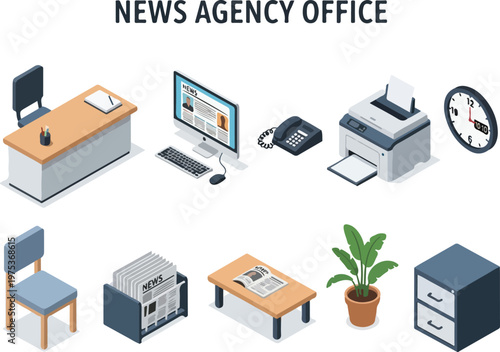 Workspace and equipment in a modern news agency office with desks, computers, printer, and clock