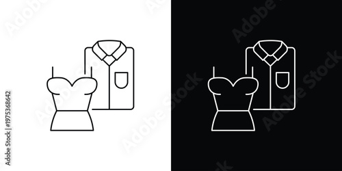 Collection of clothing items, including a collared shirt and a sleeveless top, presented in a linear icon style