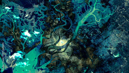 Fotografija Aerial View of River Delta and Urban Landscape with Abstract Natural Patterns
