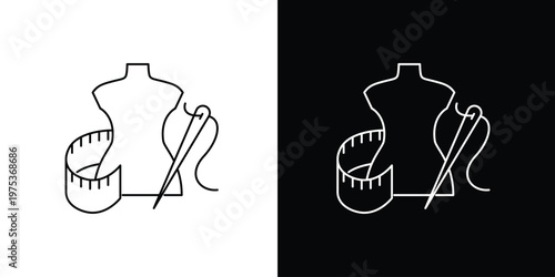 Fashion mannequin with needle, thread, and measuring tape - a minimalist line art icon representing tailoring, sewing, and dressmaking services and crafts