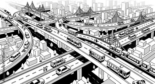 Detailed Black and White Illustration of a Busy Urban Highway Interchange.