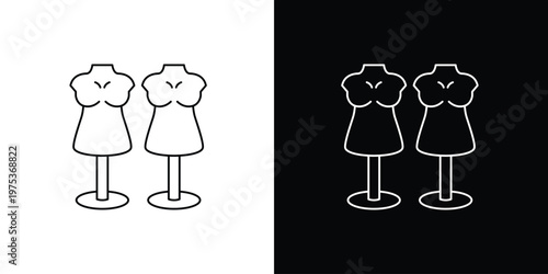 Single icon of two outlined fashion dress forms on stands, displayed side by side on a black and white background