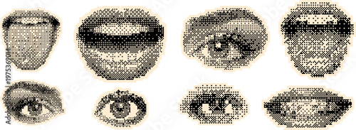 Set of halftone style human eyes and lips, collection of facial features, vector illustration of mouth and eye expressions