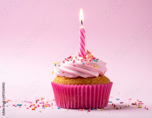 A single cupcake, lit candle, and sprinkles on pink background
