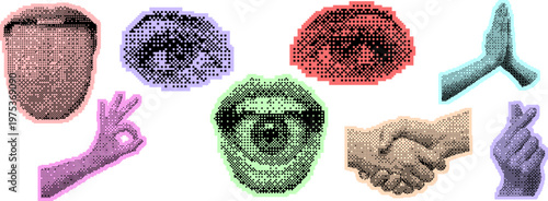 Set of retro pixel art stickers featuring human body parts, hands, and eyes collection of stylized digital illustrations including lips, eyes, handshake, and various hand gestures in vibrant colors