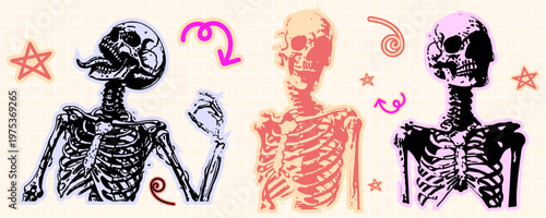 Set of three stylized skeletons with doodle elements, including stars and swirls, in a y2k aesthetic with vibrant pink and purple color accents