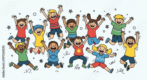 Diverse Group of Happy Children Jumping Joyfully Together.