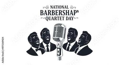 Vintage-style vector illustration celebrating National Barbershop Quartet Day featuring four male vocalists harmonizing around a classic microphone, set against a clean white background