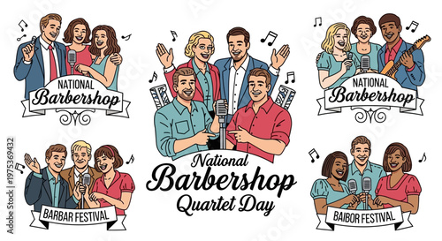 Five diverse barbershop quartets are showcased in a celebratory vector illustration for National Barbershop Quartet Day, featuring vintage-style harmony singers and musical notes