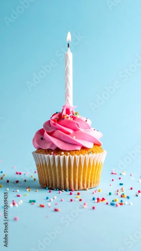 A single cupcake with pink frosting and a lit candle