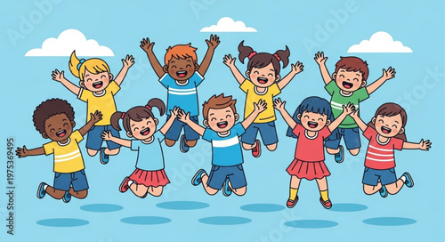 Diverse Group of Happy Children Jumping Joyfully Together.