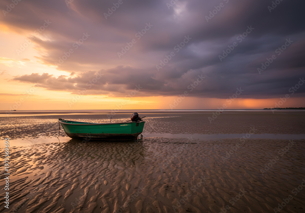 Fototapeta premium Fishing boat on sandy beach sunset