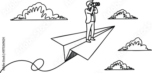 Businessman standing on paper airplane looking through binoculars into distance