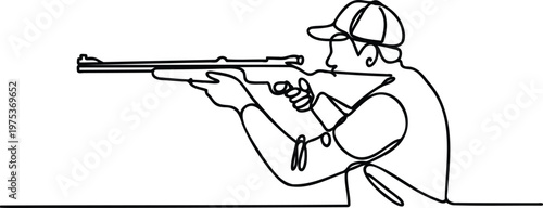 Continuous line drawing of a man aiming a shotgun  hunting illustration