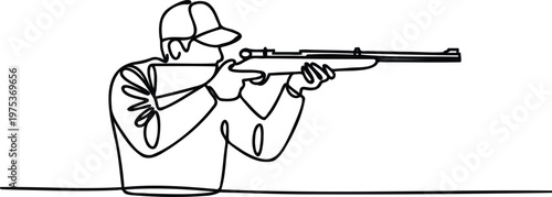 Continuous line drawing of a man aiming a rifle sideways