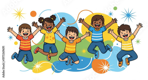 Diverse Group of Happy Children Jumping Joyfully Together.
