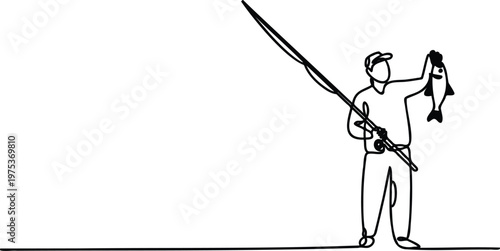Man holding a fishing rod with a big fish attached  one line art style