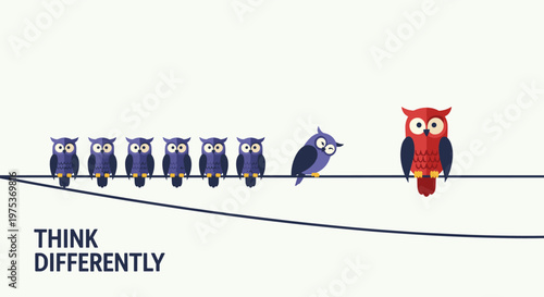 Row of identical blue owls sits on a wire while one red owl stands out to illustrate the concept of thinking differently.