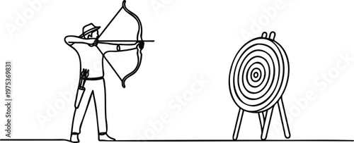 Man in hat aiming bow and arrow at target board