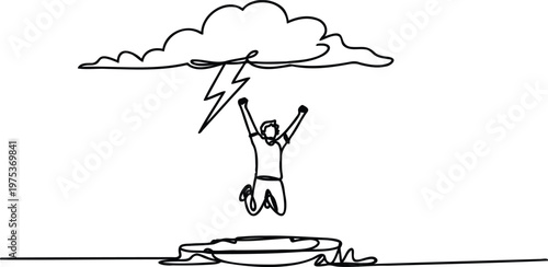 Man jumping up with arms raised under stormy weather cloud with lightning