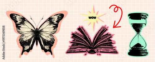 Set of vintage stickers with butterfly, open book with wow text, and hourglass, retro aesthetic elements for scrapbooking, planner, or digital art