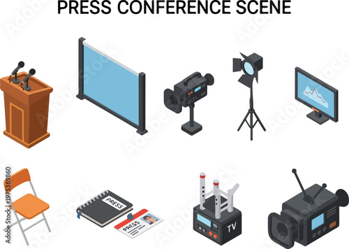 Set of various elements for a press conference scene including a podium, screen, cameras, and lights
