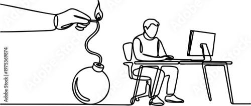 Man sitting at desk working on computer with bomb about to explode
