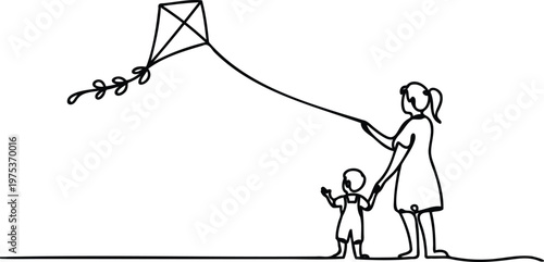 Woman and little girl flying a kite together outdoors recreational activity