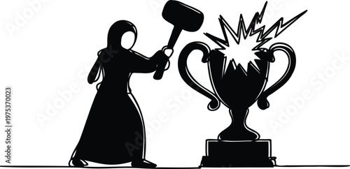 Woman hitting trophy with hammer making it explode violently