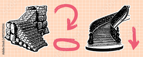 Set of two vintage style illustrations of staircases, one stone masonry staircase and one ornate curved grand staircase