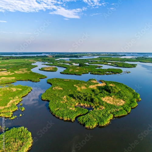 Aerial View of Lush Green Islands in a Serene River Landscape.