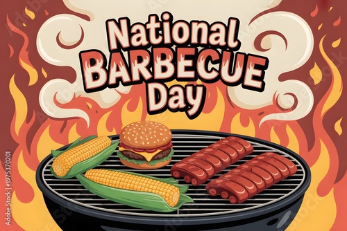 national barbecue day celebration with grilled burger and sausages on flaming grill