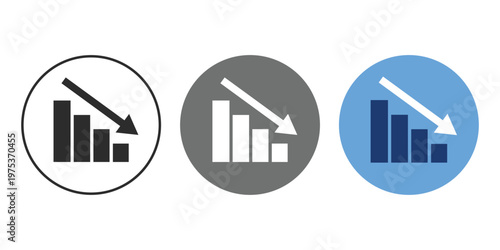 Line icon of decreasing chart representing reduced productivity, low performance, and efficiency decline. Suitable for business, work, stress, and health related topics.