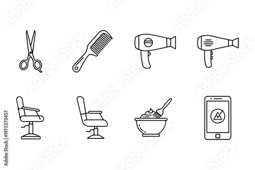 Hair salon and barber equipment line icons with scissors hairdryer smartphone