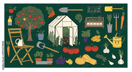 Garden scene illustration with a white greenhouse apple tree vegetables watering can and gardening tools on green.