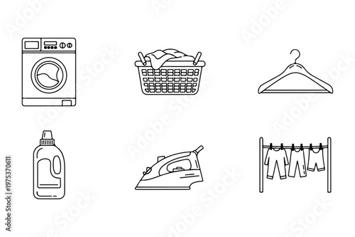 Laundry and cleaning supplies icons: washing machine basket hanger detergent