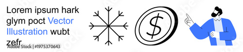 Business strategies, weather, finance, innovation, commerce, and conceptual design. A snowflake, dollar symbol and a figure pointing. Finance and business strategies concept