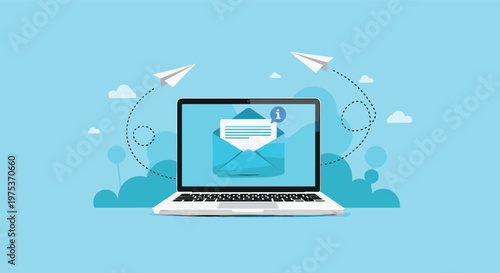 Laptop computer displays an open envelope with an incoming message notification and paper planes flying in the background.