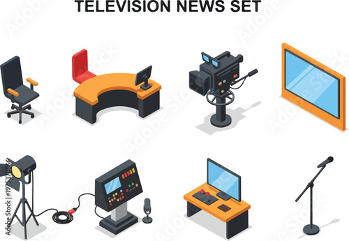 Icon set depicting broadcast equipment and studio furniture for television news production