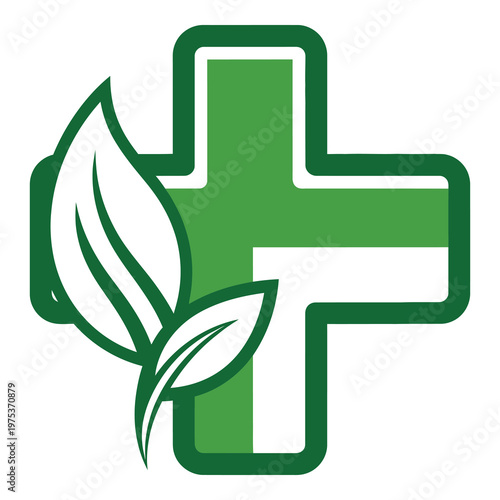 Green cross with leaf symbol for natural health and wellness concept icon