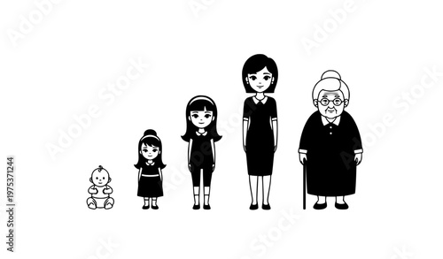 Black and white female life stages progression from baby to elderly woman cartoon vector illustration
