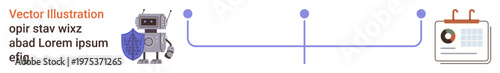 Artificial intelligence, data security, time management, futuristic technology, workflow optimization, digital tools. Robot with a shield linked to a calendar via a digital pathway. Artificial