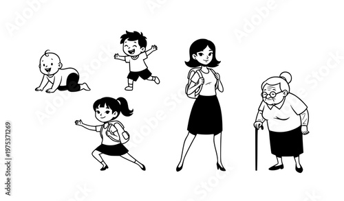 Black and white female growth stages with different actions from baby to elderly woman vector set
