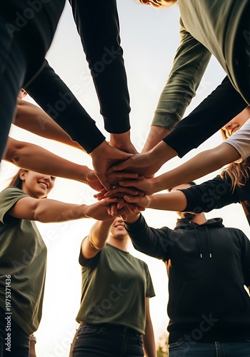 Teamwork and Unity - Hands Stacked Together in a Circle of Support.