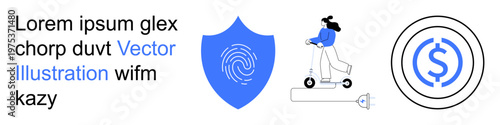 Digital security, transportation, finance, payment apps, technology, innovation. Blue fingerprint shield, woman on scooter currency symbol in circle. Digital security and transportation concepts
