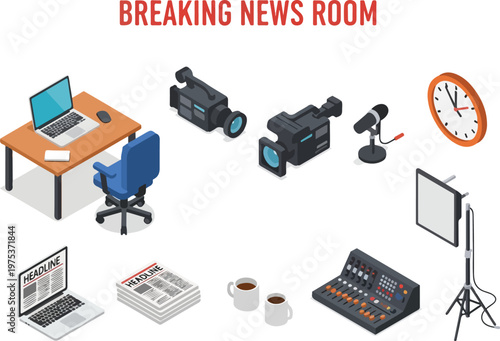 Breaking News Room Equipment, Featuring Cameras, Microphones, and Technology for Broadcasting