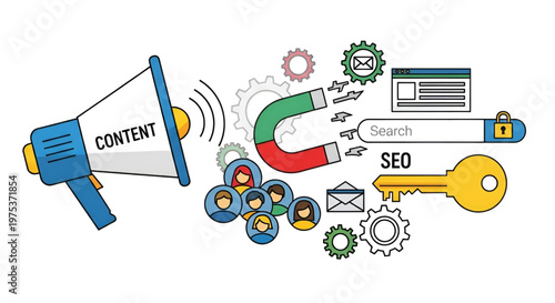 Digital marketing strategy illustration with content megaphone magnet and seo icons