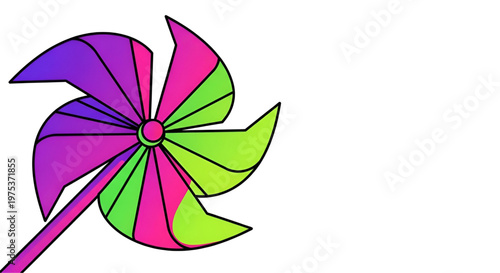 Colorful digital illustration of toy pinwheel with purple pink and green blades on white.