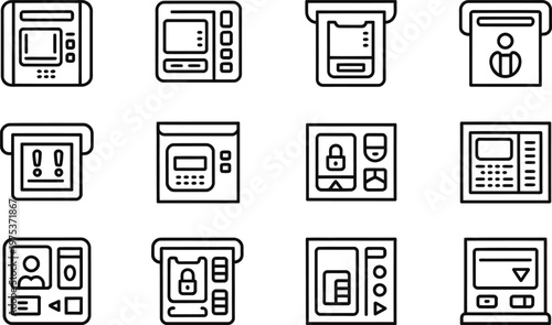 Collection of ATM and payment terminal in a flat line style for financial transactions