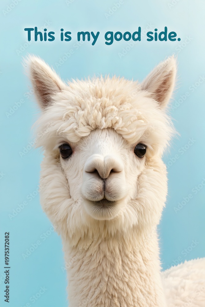 Obraz premium Close-up of alpaca smiling awkwardly, pastel blue background, rounded font, slogan: 